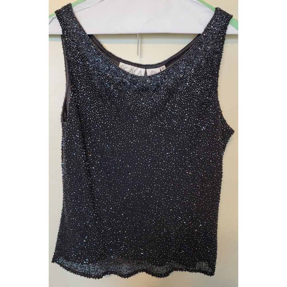 Vintage SCALA Silk Evening Black Beaded Cami Top Tank Christmas party Holiday M